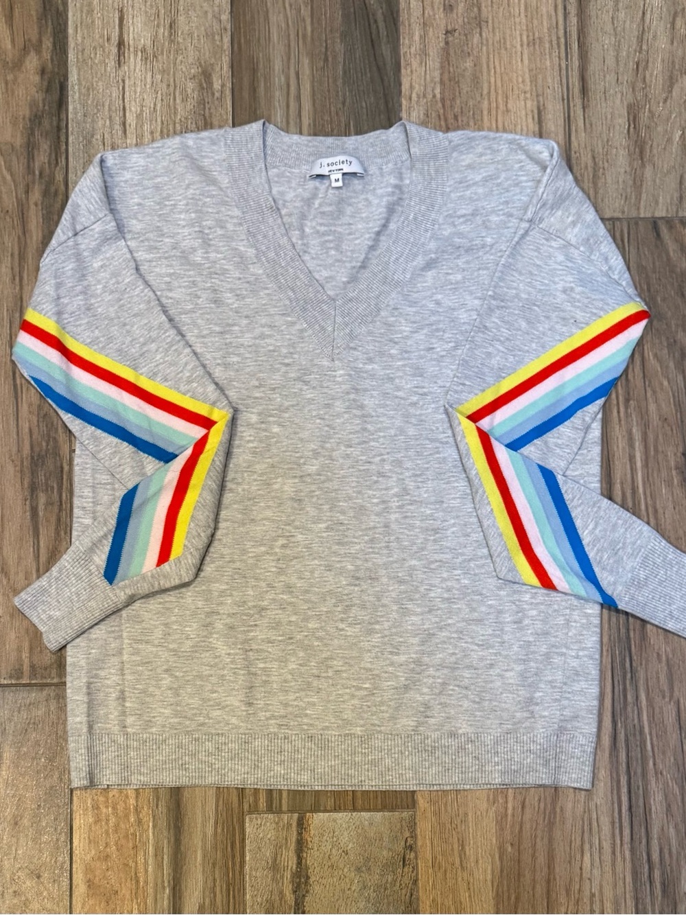 J. Society Light Gray V-Neck Sweater with Rainbow Stripe Sleeves